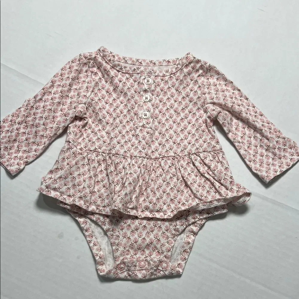 Carter’s pink and white floral long sleeve skirted one piece body suit size 3 m